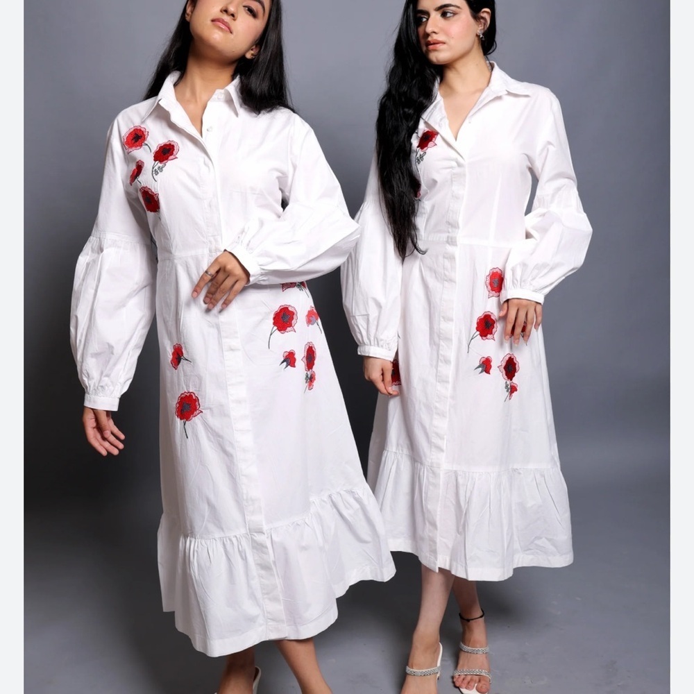 New Carolina Herrera Embroidered Midi Shirt Dress Size 8 - Picture 11 of 13